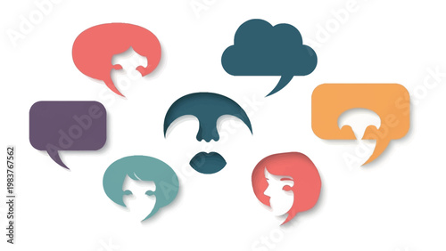 Dialogues and Thoughts: An artistic expression of various dialogues and thoughts represented by speech bubbles and a central face, symbolizing communication, ideas, and conversation.