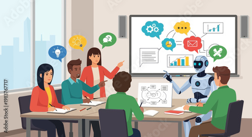 Robot and people in a business meeting, AI in team collaboration and brainstorming
