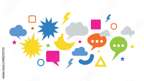 Artistic Array of Communication Symbols: A vibrant composition of colorful communication symbols, like speech bubbles, stars, and lightning bolts, creating a playful representation of conversation.