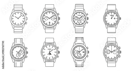 Collection of eight wristwatches displayed as a clean linear silhouette