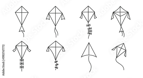 Collection of various kite designs in a simple black silhouette
