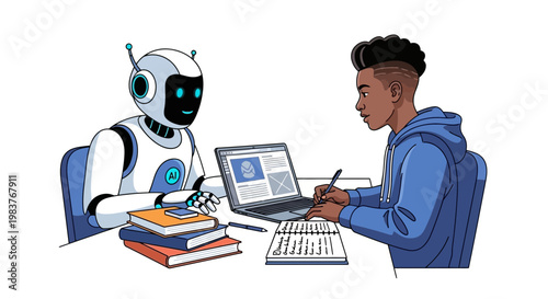 Robot Helping Student Learn with Laptop and Books, AI Education Concept