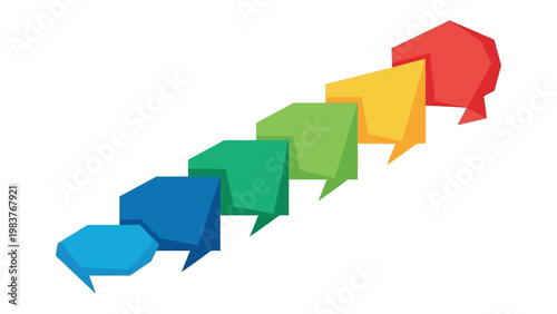 Dialogue Spectrum: A visually engaging illustration of a vibrant conversation, depicted through a series of colorful speech bubbles ascending like steps, symbolizing progress and dynamic dialogue.