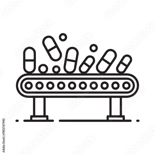Conveyor belt carrying pills and capsules in a linear arrangement
