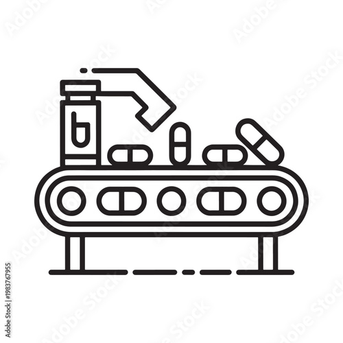 Pharmaceutical production line illustration showing pills and capsule filling