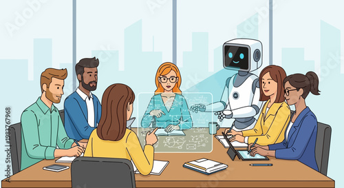 Robot Presenting Data in Modern Business Meeting with Diverse Team