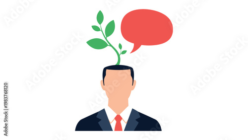 Growth of Thought: A conceptual image symbolizing the blossoming of ideas. A green plant with vibrant leaves sprouts from a person's head, with a speech bubble rising above.