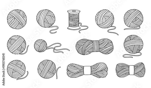Hand drawn ball of yarn doodle icon set with knitting thread clews outline craft supplies vector illustration collection