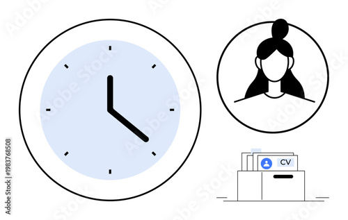 Time management. A clock, a candidate profile, and CV document time management in recruitment. Time management improves HR efficiency, hiring, and organizing priorities. Perfect for HR systems, time