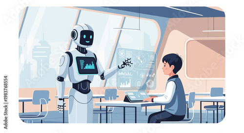 Robot teaching student in futuristic classroom with interactive screens, AI education concept