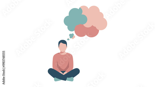 Meditative Contemplation: An illustrated individual, immersed in thought, engages in inward contemplation, symbolized by a collection of colorful thought bubbles floating above their head.