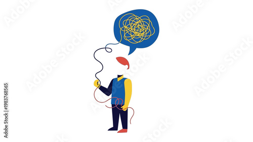 Unraveling Thoughts: A person attempts to make sense of a tangled knot of thoughts within a speech bubble, symbolizing the complexities of the human mind and the struggle for clarity.