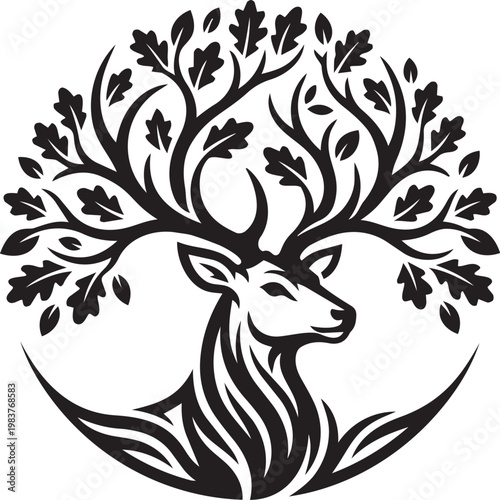 Majestic Stag: A mesmerizing illustration of a stag, its antlers transforming into the branches of a thriving tree, symbolizing the profound connection between nature and the animal kingdom.