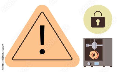 Cybersecurity, additive manufacturing, data protection, tech vulnerabilities, digital security, caution. Warning sign, lock icon and 3D printer. Cybersecurity and additive manufacturing concerns