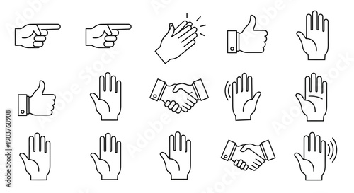 Set of hand gesture icons: pointing, clapping, thumbs up, handshake, waving
