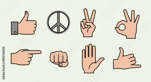 Set of Hand Gestures and Peace Symbol Icons on Light Background