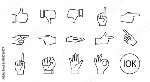 Set of Hand Gestures Icons: Like, Dislike, Pointing, Fist, Open Palm, OK, 10K