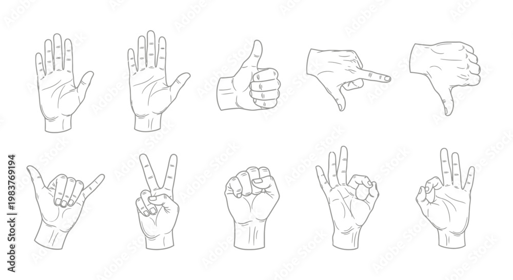 Fototapeta premium Set of Hand Gestures Line Art Icons: Thumbs Up, Down, OK, Peace, Fist, Rock On