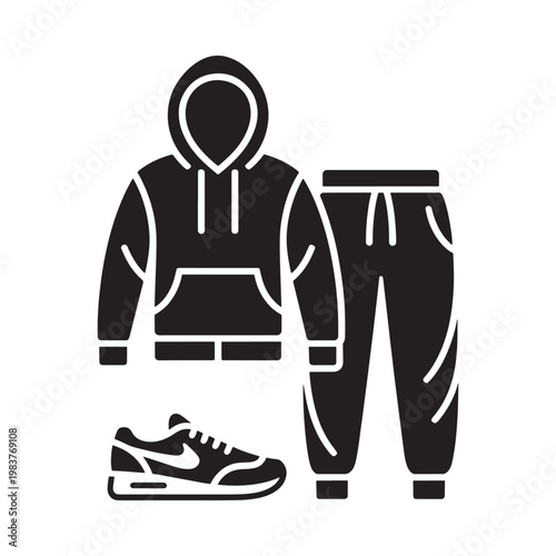 Black and white glyph depicting a hooded sweatshirt pants and sneaker