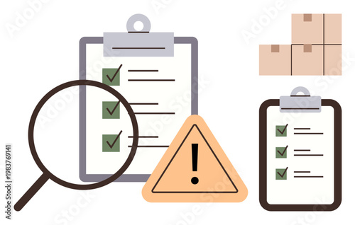 Quality control, logistics, warehouse management, risk assessment, supply chain, project tracking. Clipboards with checklists, warning symbol and stacked boxes. Quality control and logistics concept