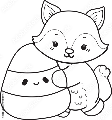 Coloring pages of Cute set of Fox sticker with activity. Outline of Fox with halloween theme
