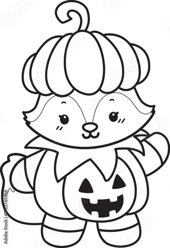 Coloring pages of Cute set of Fox sticker with activity. Outline of Fox with halloween theme