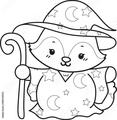 Coloring pages of Cute set of Fox sticker with activity. Outline of Fox with halloween theme