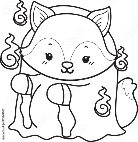Coloring pages of Cute set of Fox sticker with activity. Outline of Fox with halloween theme