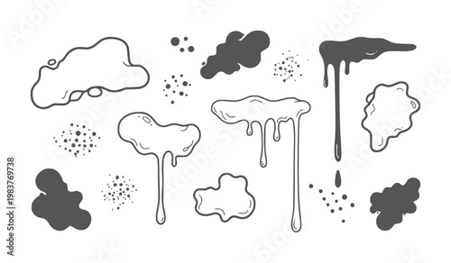 Abstract black and gray dripping and splatter inkblot shapes white drips