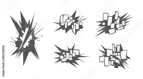 Abstract black and white explosion with geometric blocks