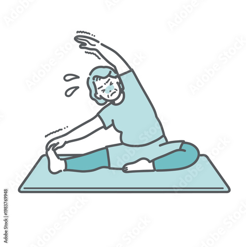 体が硬く、辛そうに体側ストレッチをしているぽっちゃり体型のシニア女性のイラスト