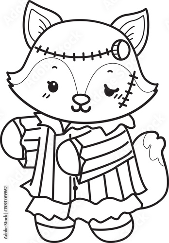 Coloring pages of Cute set of Fox sticker with activity. Outline of Fox with halloween theme