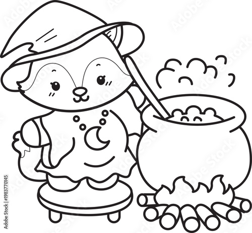 Coloring pages of Cute set of Fox sticker with activity. Outline of Fox with halloween theme