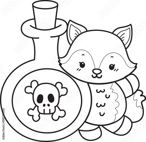 Coloring pages of Cute set of Fox sticker with activity. Outline of Fox with halloween theme