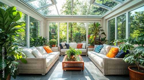 Minimalist interior living room with natural light and green plants creating fresh and cozy atmosphere with wicker sofas and colorful cushions