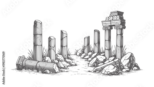 Ancient Greek ruins with broken columns and scattered stones in black and white architecture