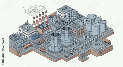 Isometric View of a Large Industrial Power Plant Complex.