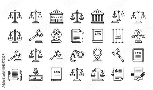 Law and justice line editable icons set legal court outline vector collection