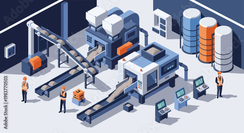 Isometric view of an automated factory production line with workers.