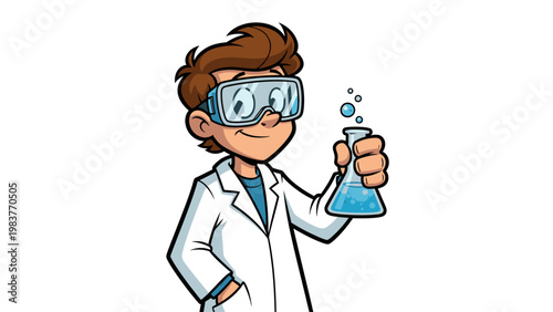 A cartoon boy in a white lab coat and safety goggles holds up a blue beaker with bubbles rising from it on a plain white background.