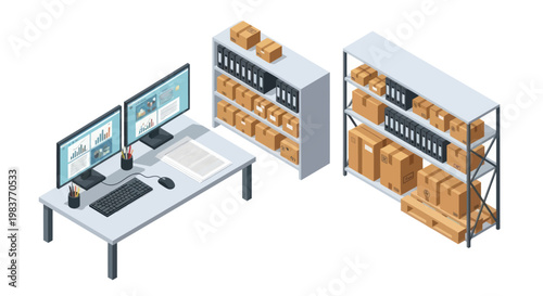 Isometric Warehouse Management System with Computers and Shelves.