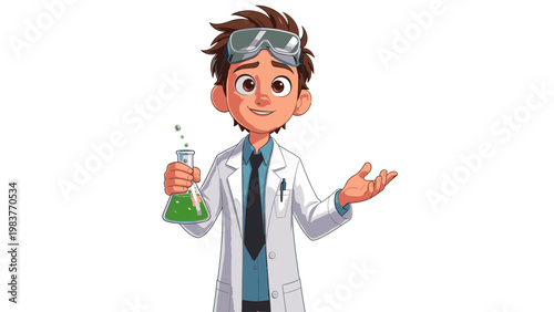 A cheerful cartoon scientist in a white lab coat holding a green beaker and gesturing with one hand against a plain white background with a playful mood.
