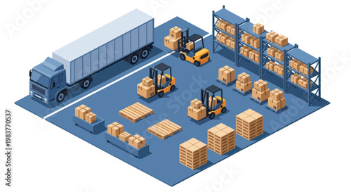 Isometric Warehouse Logistics and Delivery Operations with Forklifts and Truck.