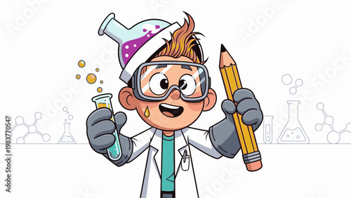 Cartoon illustration of a cheerful scientist holding a test tube and pencil with a laboratory background.