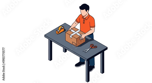 Man carefully packing a cardboard box on a table, preparing for shipment or storage.