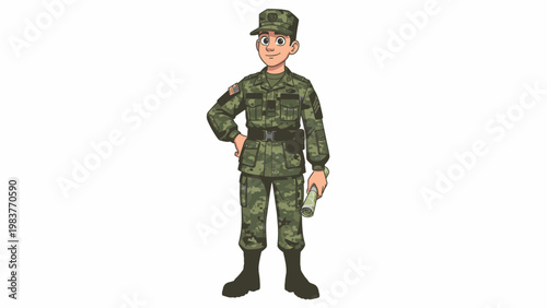 A cartoon soldier in green camouflage uniform and cap stands confidently with one hand on hip against a plain white background.