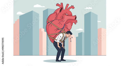 Man Carrying Heavy Heart Symbolizing Emotional Burden and Stress.