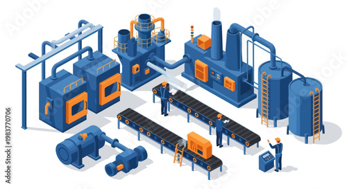 Modern Industrial Factory Production Line with Machinery and Workers.
