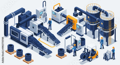 Modern industrial factory production line with machinery and workers.