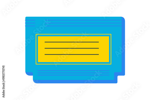 Retro flat video game cartridge in blue and yellow, classic console card as arcade gadget. Entertainment sticker for vintage videogame lovers, digital fun and nostalgic play.